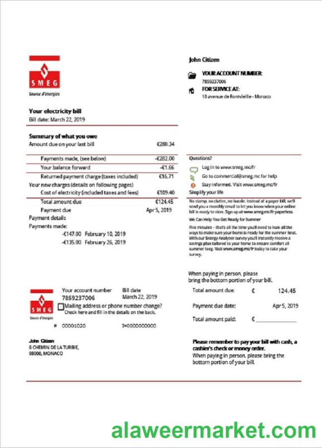 Monaco SMEG electricity utility bill template in Word and PDF format